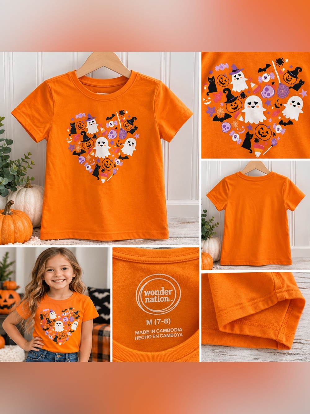 🎃 Wonder Nation Girls Halloween T-Shirt – Size M (7/8) 👻🧡